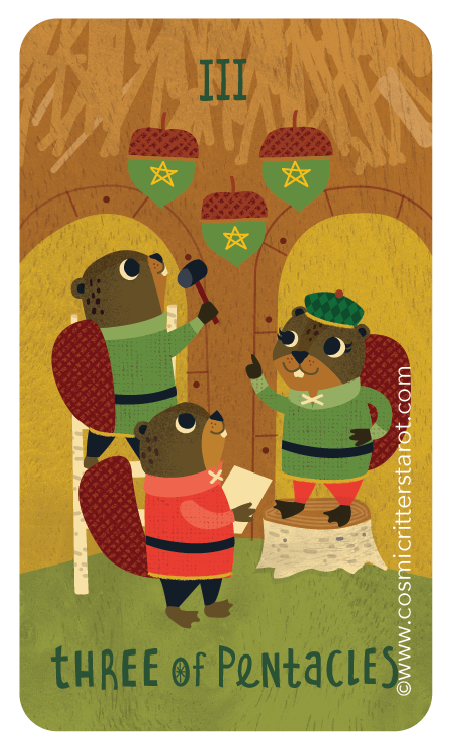 Three anthropomorphic beavers dressed in colorful clothing participate in a ceremonial event, with one on a podium, another reading a scroll, and a third speaking into a microphone. They are surrounded by hanging decorative objects.