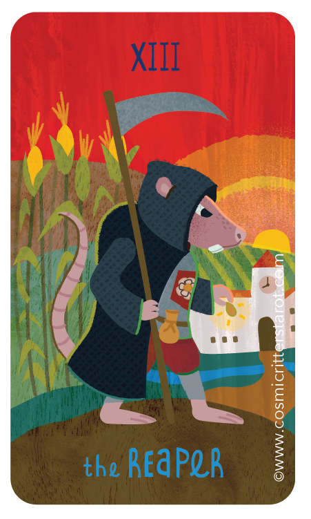 Illustration of a mouse dressed as the Grim Reaper holding a scythe, standing in front of a village with a sunset, cornfield, and clock tower, labeled XIII with the text "the REAPER" at the bottom.