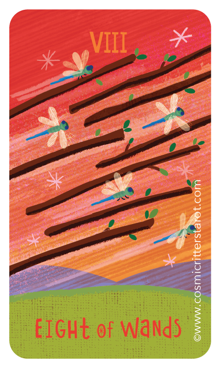 Eight dragonflies flying among wispy branches with green leaves against a colorful sunset background, illustrated on a tarot card labeled VIII, Eight of Wands.
