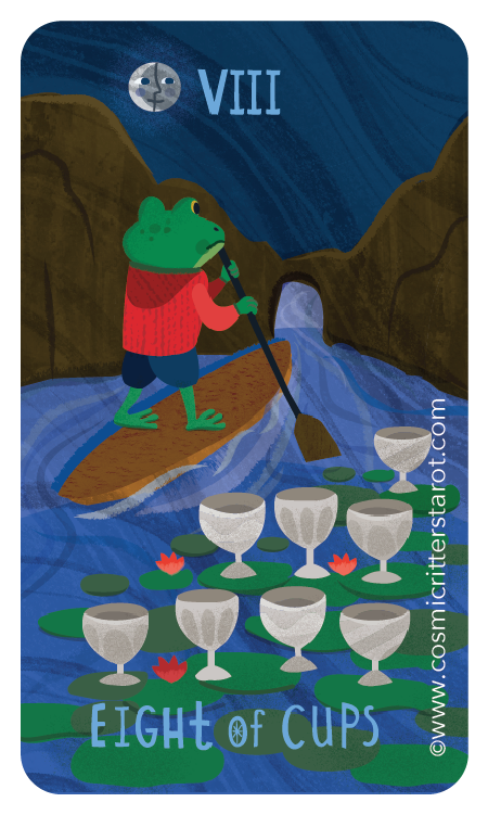 Illustration of a frog wearing a red sweater and shorts, paddling a paddleboard among lily pads and cups on water, under a full moon with the Roman numeral VIII and the words 'Eight of Cups' at the bottom.