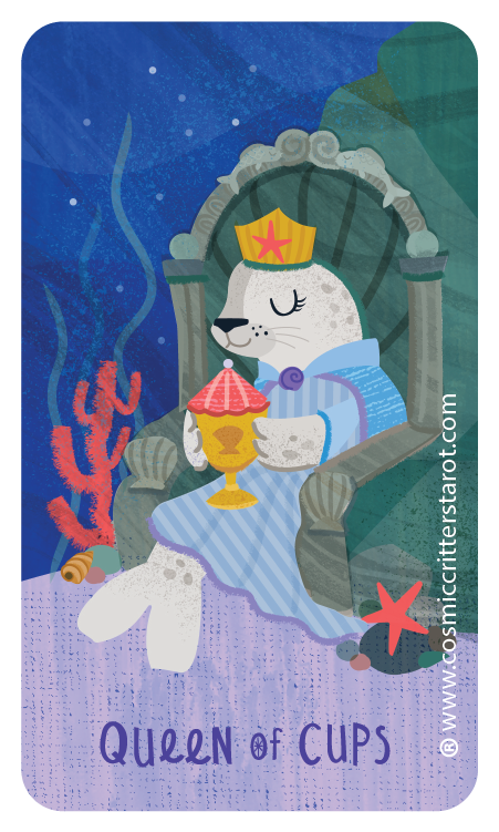 Illustration of a seal in a queen's crown and robe sitting on a throne holding a golden cup with a red and pink top, surrounded by ocean and coral, with the text 'Queen of Cups' and the year 2025.