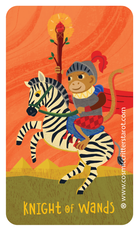 A cartoon knight with a gray helmet and red plume riding a zebra, holding a lance with a flaming torch at the top, with pyramids in the background and the text 'Knight of Wands' at the bottom.