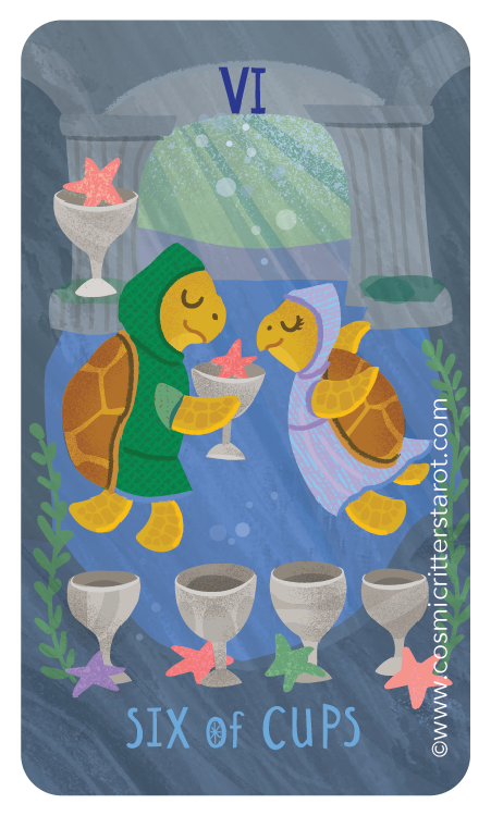 Two turtles dressed as brides are exchanging cups under an arch reading VI, with ocean scenery in the background. Six cups are at the bottom, and the tarot card says 'Six of Cups.'