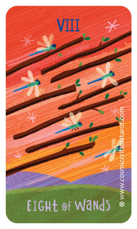 Eight dragonflies flying among wispy branches with green leaves against a colorful sunset background, illustrated on a tarot card labeled VIII, Eight of Wands.
