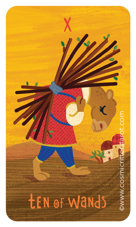 Illustration of a camel walking upright with ten large wands strapped on its back, carrying a bundle of sticks over its shoulder, against a yellow background with a small village and hills, labeled "Ten of Wands".