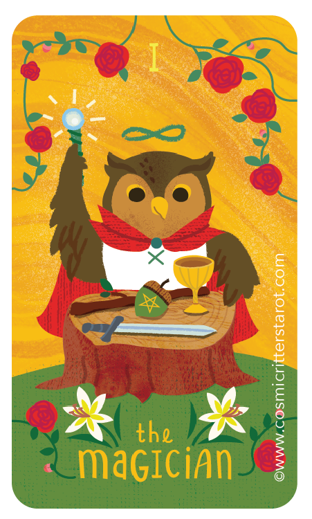 Cartoon owl dressed as a magician with a red cape and a green infinity symbol on its forehead, holding a glowing magic wand. It is seated at a wooden table with a sword, a magic hat, and a chalice, surrounded by a floral arch of red roses and green vines, with the text 'the magician' and the year 2025.