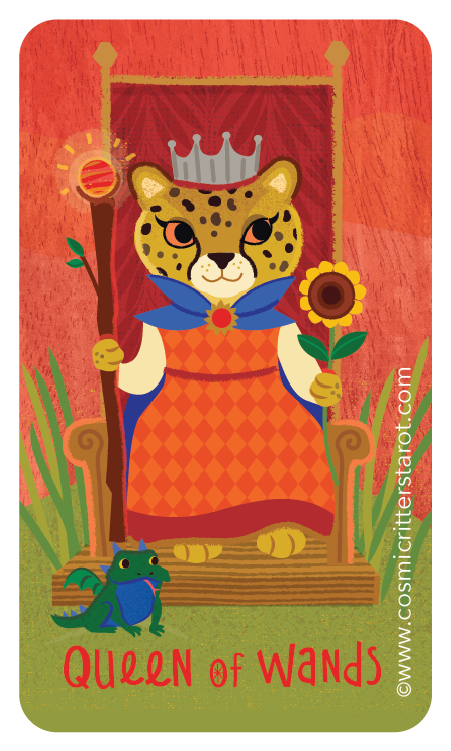 Cartoon leopard dressed as a queen sitting on a throne, holding a scepter in one paw and a sunflower in the other, with a small green dragon at her feet, green grass, and a red background.