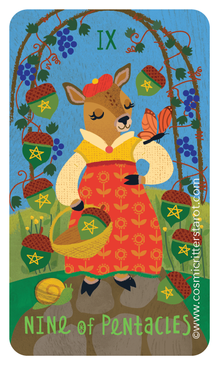 Colorful illustration of a deer wearing a red dress with yellow sleeves and a yellow collar, holding a butterfly net and a basket, standing among green grass. The scene is decorated with grapevine and hanging acorns with star designs, beneath the Roman numeral IX, with a ball on the ground and the text 'NINE of PENTACLES' at the bottom.