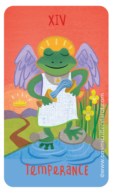 An illustrated frog with angel wings and a halo, holding a scroll, standing on a rock in a pond, with yellow flowers nearby, and the Roman numeral XIV and the word 'Temperance' at the bottom, like a tarot card.