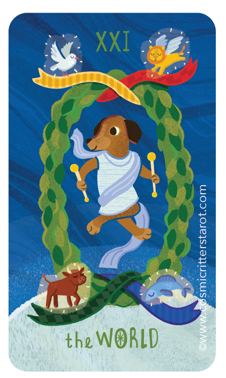 Illustration of the World Tarot card with a dog dressed as a runner, surrounded by various animals including a lion, a pig, a dolphin, a dove, and a serpent, set against a blue background.