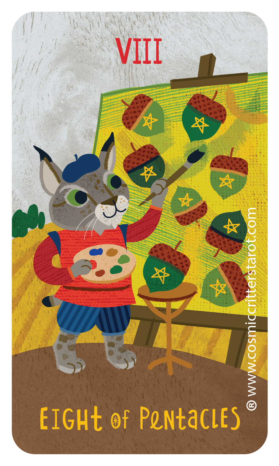 An anthropomorphic cat in a red sweater and blue pants painting eight pentacle symbols on acorns attached to a tree, with a palette in one paw and a brush in the other, on an easel, with a small table, green grass, mushrooms, and the number VII indicating the number seven in Roman numerals.