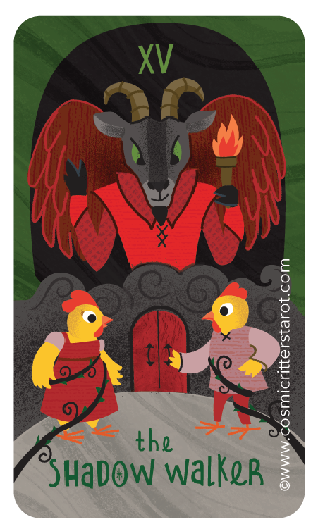 Illustration for "The Shadow Walker" featuring a goat with large red wings, holding a torch, with the Roman numeral XV above, and two cartoon chickens dressed as knights in front of a stone castle entrance.