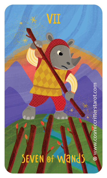 A cartoon rhinoceros wearing a yellow vest, red pants, and a red hat, holding a large stick, standing on a green hillside with red wands planted in the ground, mountains and a colorful sky in the background, and the Roman numeral VII at the top, with "Seven of Wands" written at the bottom.