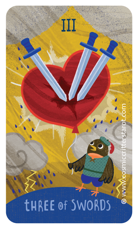 A colorful illustration featuring a heart pierced by three swords, with a cartoon bird wearing a green hat and blue shorts standing below holding a sword on a cloudy and stormy background. The top of the image has a Roman numeral III, and the bottom has the text "THREE OF SWORDS. "