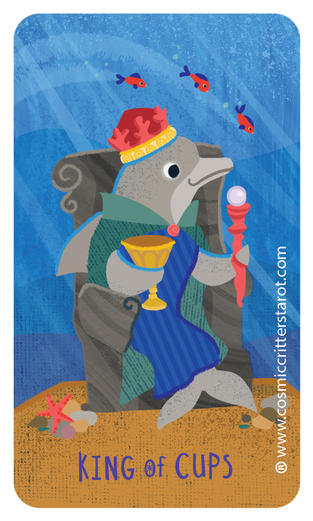 A cartoon fish dressed as a king, sitting on a throne underwater, holding a goblet in one fin and a scepter in the other. There are small fish swimming above, and seashells and starfish on the sand below. The text reads 'KING of CUPS'.