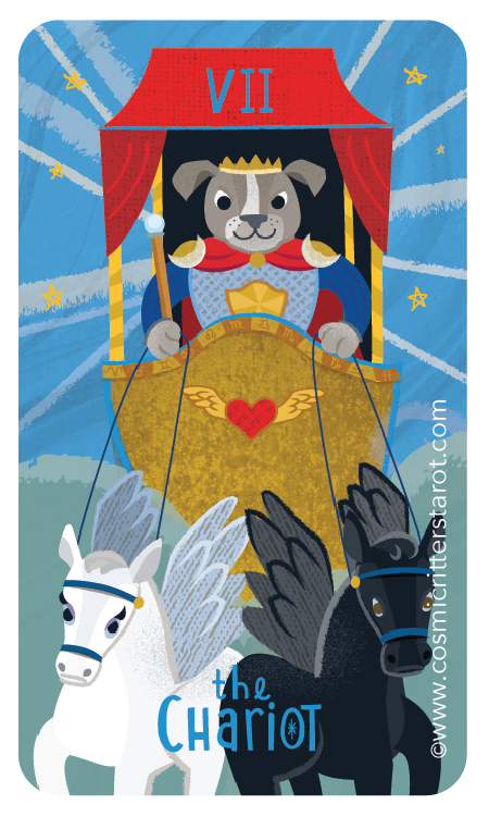 A cartoon illustration of a dog dressed as a king in a chariot with two winged horses, one white and one black, against a blue background with stars.