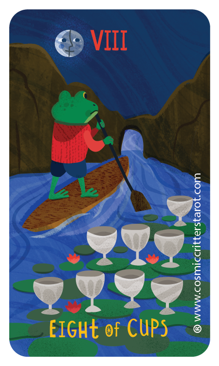 Illustration of a frog wearing a red sweater and shorts, paddling a paddleboard among lily pads and cups on water, under a full moon with the Roman numeral VIII and the words 'Eight of Cups' at the bottom.