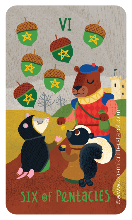 Cartoon illustration of the Six of Pentacles tarot card, featuring a bear and two animals, with acorns falling from the sky, and a castle in the background.