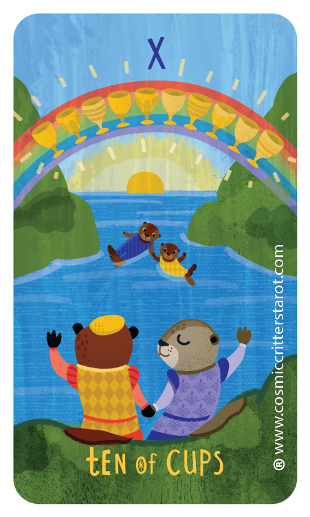 Colorful illustration depicting two anthropomorphic animals sitting on grass, watching two otters swim in a river, with a sunrise, rainbow, and ten golden cups above.