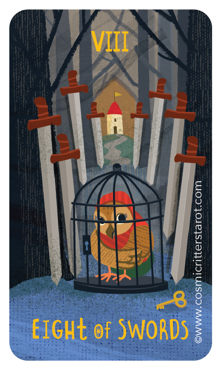 An owl inside a cage surrounded by eight swords in a forest with a castle in the background and the Roman numeral VIII at the top, indicating the "Eight of Swords" tarot card.