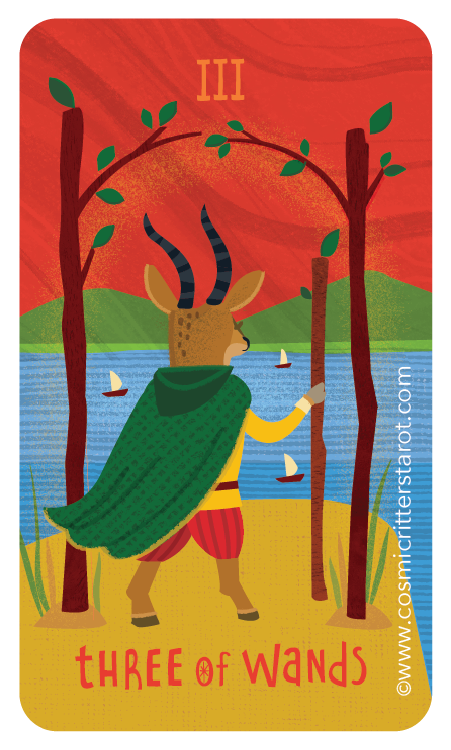 Tarot card with illustration of a mythical creature with horns, wearing a green cape, standing by a river with sailboats, surrounded by trees, labeled "Three of Wands".