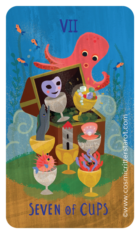 Illustration of an octopus, fish, and various sea creatures around a treasure chest filled with jewelry and objects, with the text 'Seven of Cups' and number VII.