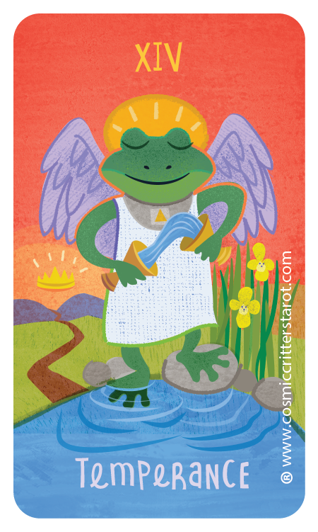 An illustrated frog with angel wings and a halo, holding a scroll, standing on a rock in a pond, with yellow flowers nearby, and the Roman numeral XIV and the word 'Temperance' at the bottom, like a tarot card.