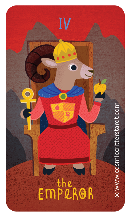Digital illustration of a goat dressed as an emperor, sitting on a throne with mountains in the background. The goat wears a crown, blue cape, and red robe with a gold emblem, and holds an apple in one hoof and an ankh symbol in the other. The image features the text "IV" at the top and "the EMPEROR" at the bottom, along with a copyright symbol and the year 2025.