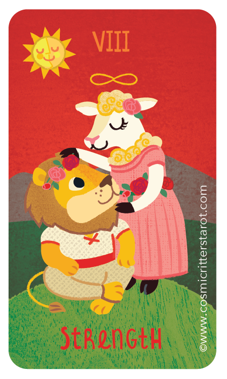 A colorful illustration of a lamb and a lion with flowers, under a sun with a smiling face, with the Roman numeral VIII at the top and the word 'Strength' at the bottom, resembling a tarot card.