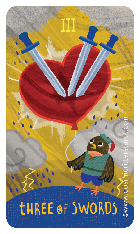 A colorful illustration featuring a heart pierced by three swords, with a cartoon bird wearing a green hat and blue shorts standing below holding a sword on a cloudy and stormy background. The top of the image has a Roman numeral III, and the bottom has the text "THREE OF SWORDS. "