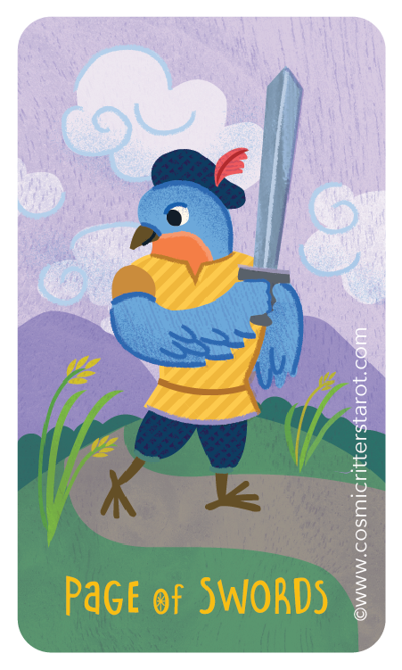 Illustration of a bluebird dressed as a knight, holding a sword, with mountains and clouds in the background, and yellow grass at the bottom, titled 'Page of Swords'.