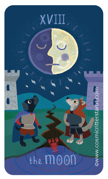 Illustration of a moon with a face, flanked by two castles, with two anthropomorphic animals dressed as knights looking up at it. The moon is half dark, half light, and the scene suggests a fantasy or storybook theme.