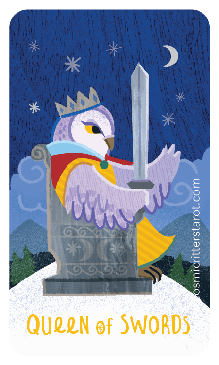 An illustrated queen owl wearing a crown and cape, holding a sword, sitting on a stone throne outdoors at night under a starry sky with a crescent moon, mountains, and trees in the background. The text at the bottom reads "Queen of Swords".