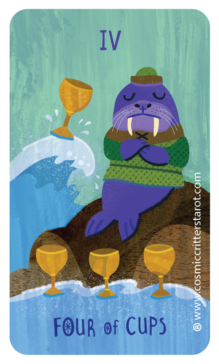 Illustration of a purple sea otter wearing a green sweater, sitting on a rock with closed eyes and arms crossed. There is a golden cup upside down on the water to the left, and three additional golden cups at the bottom. The background has a blue and green gradient with a waterfall. The Roman numeral IV is at the top, and the text 'FOUR of CUPS' is at the bottom.