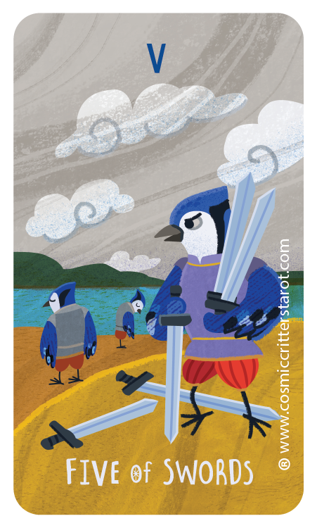 Illustration of a blue and white bird holding multiple swords on a colorful outdoor landscape with clouds, water, and hills. The letter V and the text 'FIVE OF SWORDS' are present.