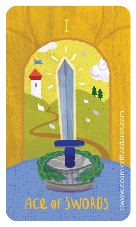 Illustration of a sword in a stone with a yellow background and a window showing a landscape with a castle, a flag, trees, and clouds. Text reads 'I' at the top and 'Ace of Swords' at the bottom.