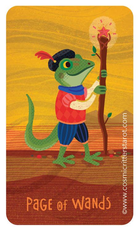 Illustration of a lizard dressed as a wizard, holding a staff with a star, wearing a hat with a feather, and standing on a desert landscape with pyramids in the background.