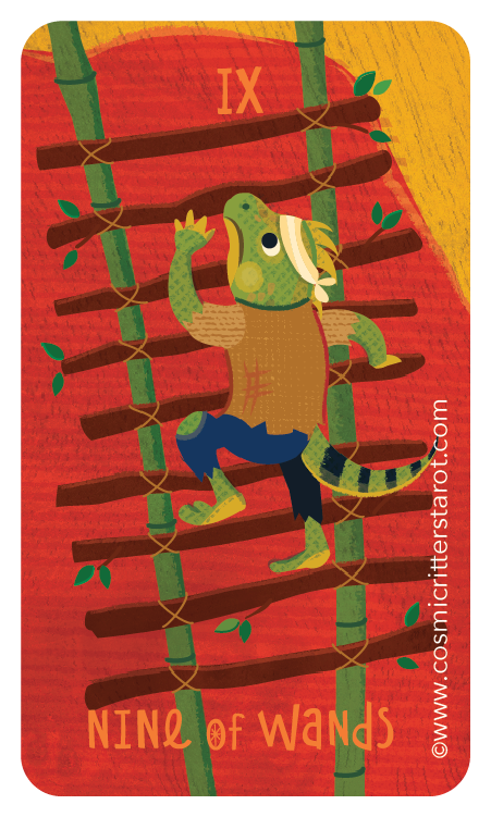 A colorful illustration of a crocodile climbing a wooden and rope ladder with green leaves, on a red and yellow background, labeled 'IX Nine of Wands'.