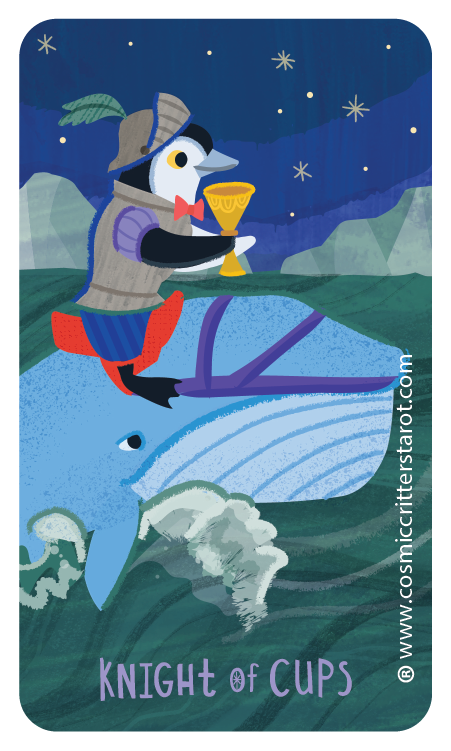 Cartoon penguin dressed as a knight with a feathered hat, red bow tie, and armor, sitting on a blue whale and holding a golden cup under a starry night sky. The words "Knight of Cups" are at the bottom.