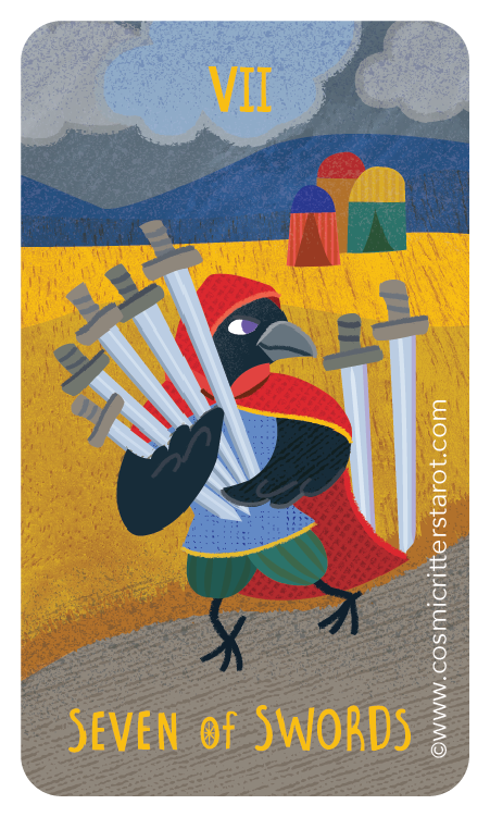 A colorful illustration of a crow wearing a red hooded cape, carrying seven swords, with three tents and mountains in the background, and a cloudy sky. The card displays the Roman numeral VII at the top and the text "SEVEN of SWORDS" at the bottom.