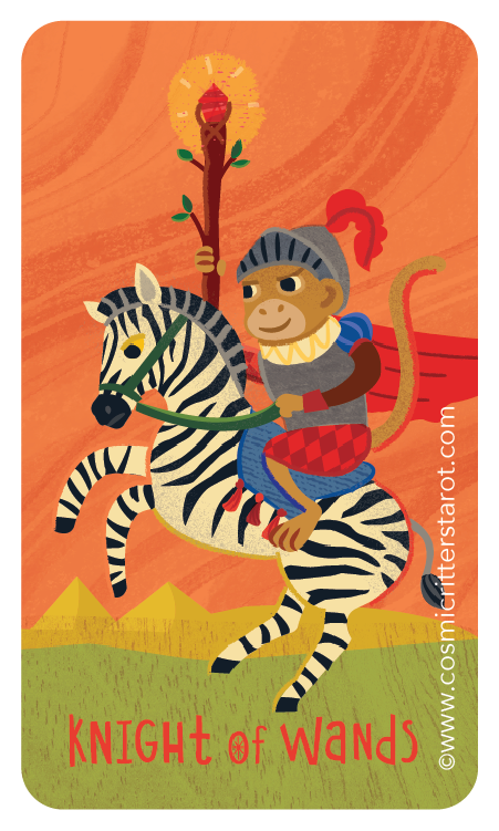 A cartoon knight with a gray helmet and red plume riding a zebra, holding a lance with a flaming torch at the top, with pyramids in the background and the text 'Knight of Wands' at the bottom.
