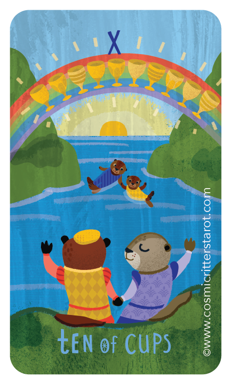 Colorful illustration depicting two anthropomorphic animals sitting on grass, watching two otters swim in a river, with a sunrise, rainbow, and ten golden cups above.