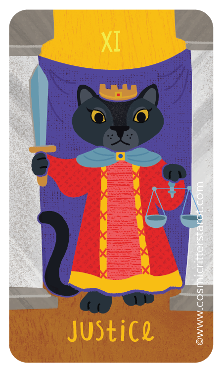An illustrated black cat dressed as Lady Justice, wearing a crown, red robe, holding a sword in one paw and scales in the other, standing in front of a purple backdrop with the Roman numeral XIV at the top and the word "Justice" at the bottom.