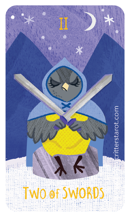 A cartoon owl dressed as a medieval knight, holding two swords crossed in front of it, with mountains and a starry night sky in the background. The card is labeled "Two of Swords" and has a zodiac symbol for Gemini at the top.