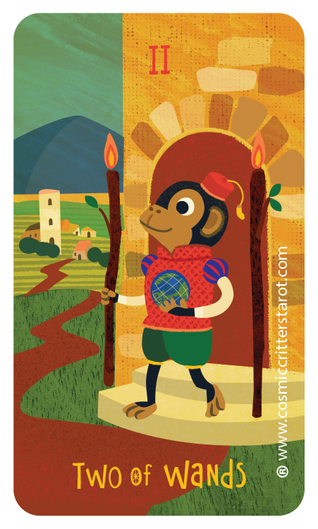 A whimsical illustration of a monkey dressed as a king, holding a globe, standing in front of a castle doorway with torches, with a landscape and mountains in the background. The card shows the Roman numeral II and the text "Two of Wands."