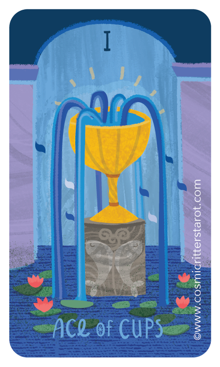 An illustration of a golden cup filled with water, with water flowing over the top, surrounded by lily pads and pink flowers on a pond. The background shows an arch with the letter 'I' and the text 'ACE OF CUPS' at the bottom.