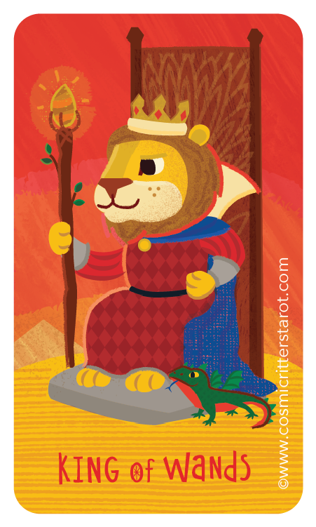 Illustration of a lion dressed as a king, sitting on a throne, wearing a crown, holding a scepter with a glowing tip, and having a small colorful lizard at its feet. The background is reddish with a yellow floor, and the text 'King of Wands' is written at the bottom.