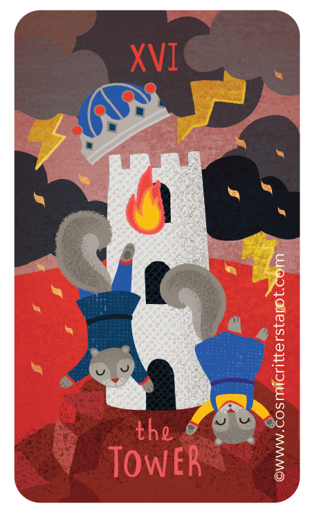 Illustration of a castle tower with flames and storm clouds, two raccoons in blue and yellow outfits lying at the base, lightning bolts, and the text 'XVI the Tower 2025'.