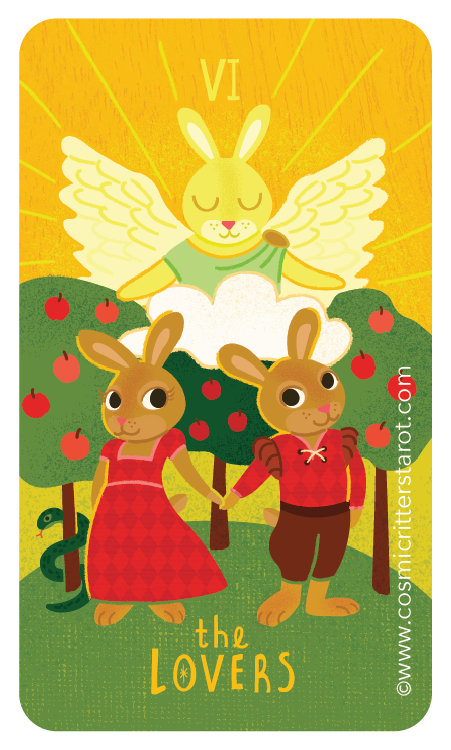 Illustration of a bunny with angel wings and a halo flying above two rabbits holding hands. The bunny is surrounded by apple trees with red apples and has the Roman numeral VI above its head. The two rabbits, one female in a red dress and one male in a red hoodie and brown shorts, are standing on grass with a green snake nearby. The text 'the Lovers' is at the bottom, indicating a tarot card theme.