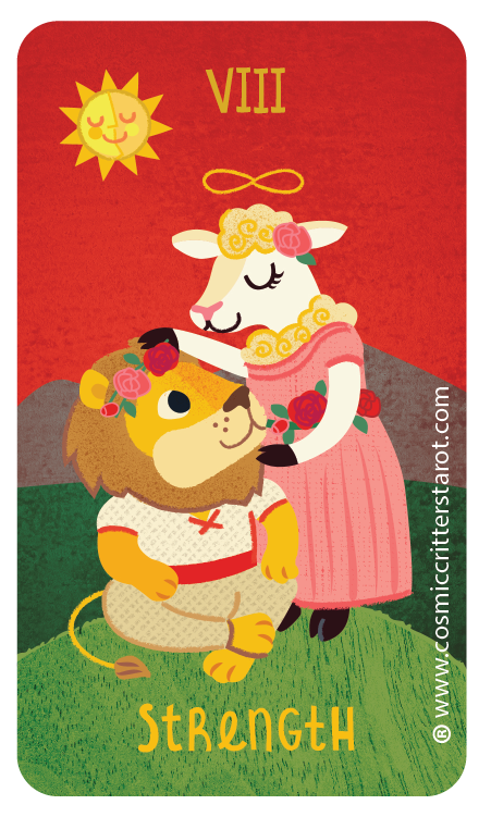 A colorful illustration of a lamb and a lion with flowers, under a sun with a smiling face, with the Roman numeral VIII at the top and the word 'Strength' at the bottom, resembling a tarot card.